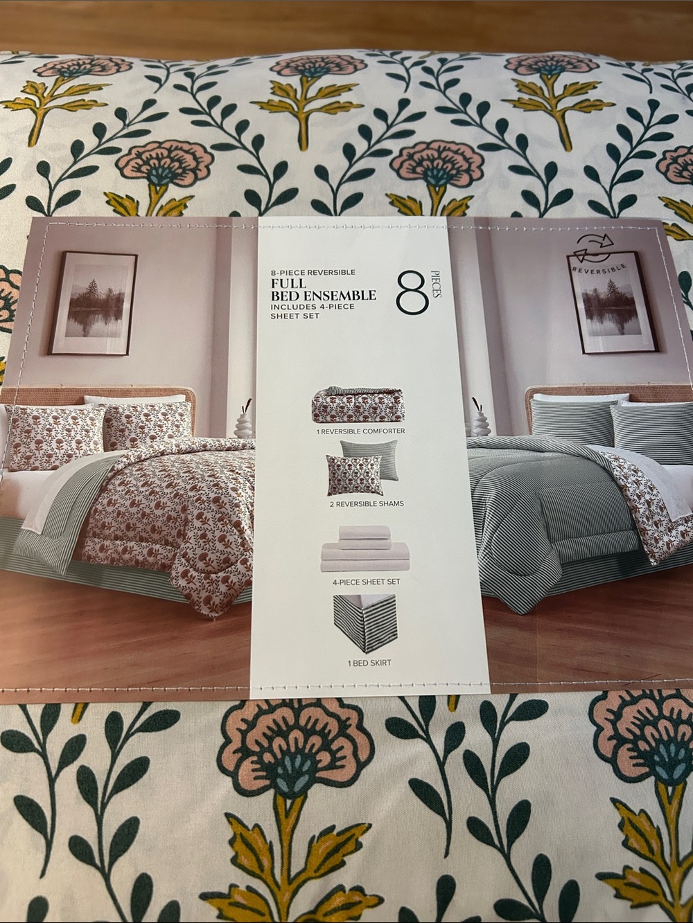 Macy's Reversible Floral Comforter Set in Pink, Green & Cream